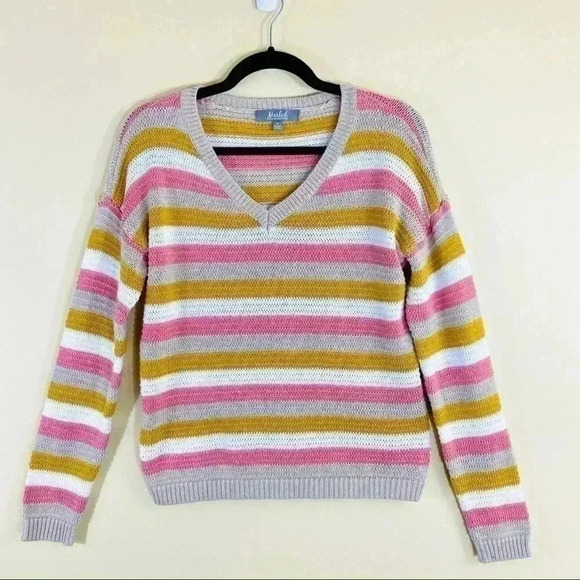 MARLED Cozy Pink/Tan Striped V-Neck Stretchy Cropped Loose Knit Sweater Size M - Picture 1 of 8
